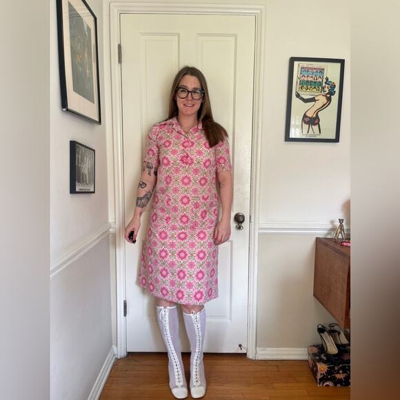 Vintage Dresses & Skirts - 60s Vintage Pink Patterned Cotton Day / House dress